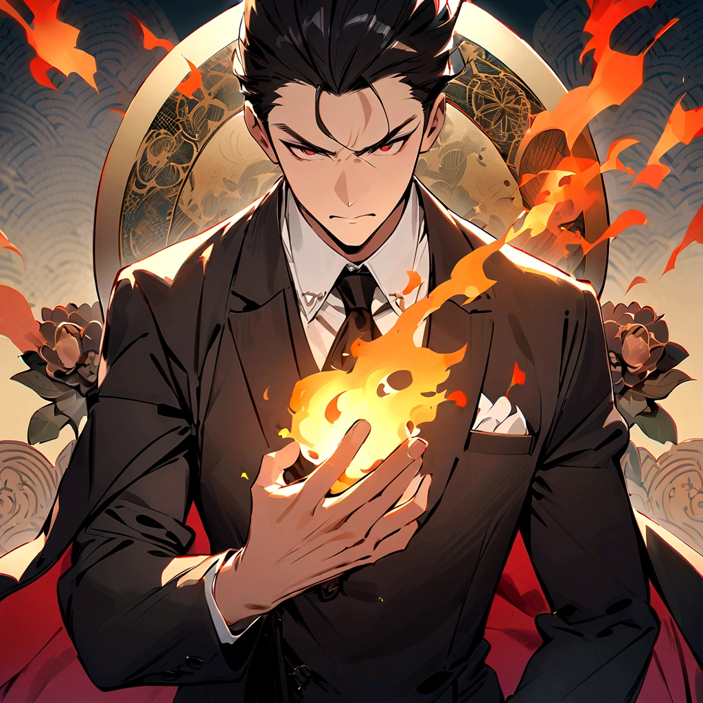 (best quality), oriental detailed background, one man wearing a black suit has flame power