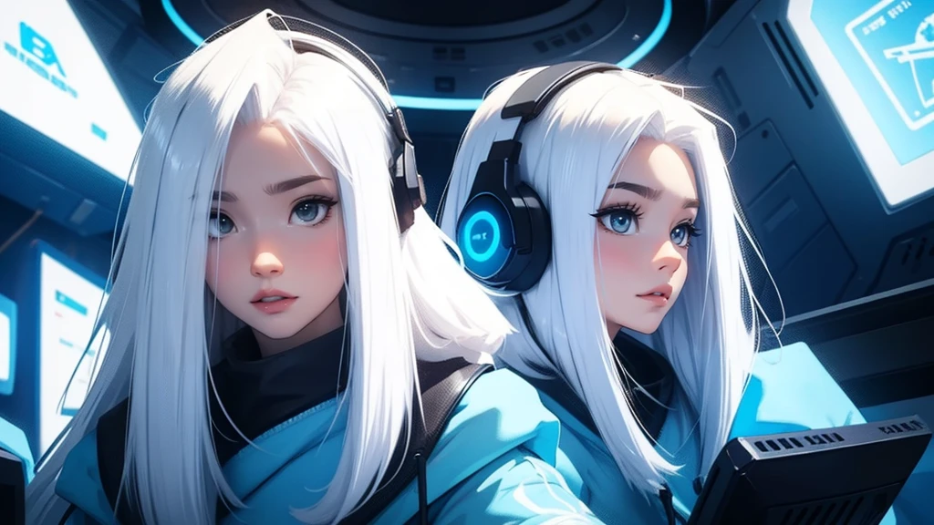 girl medium length hair, White hair, hair with colored ends, blue colored eyes, headphone with led, room, futuristic roup, looking away, gamer