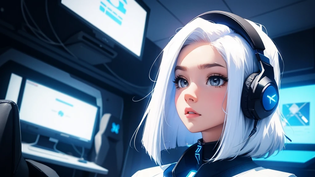 girl medium length hair, White hair, hair with colored ends, blue colored eyes, headphone with led, room, futuristic roup, looking away, gamer