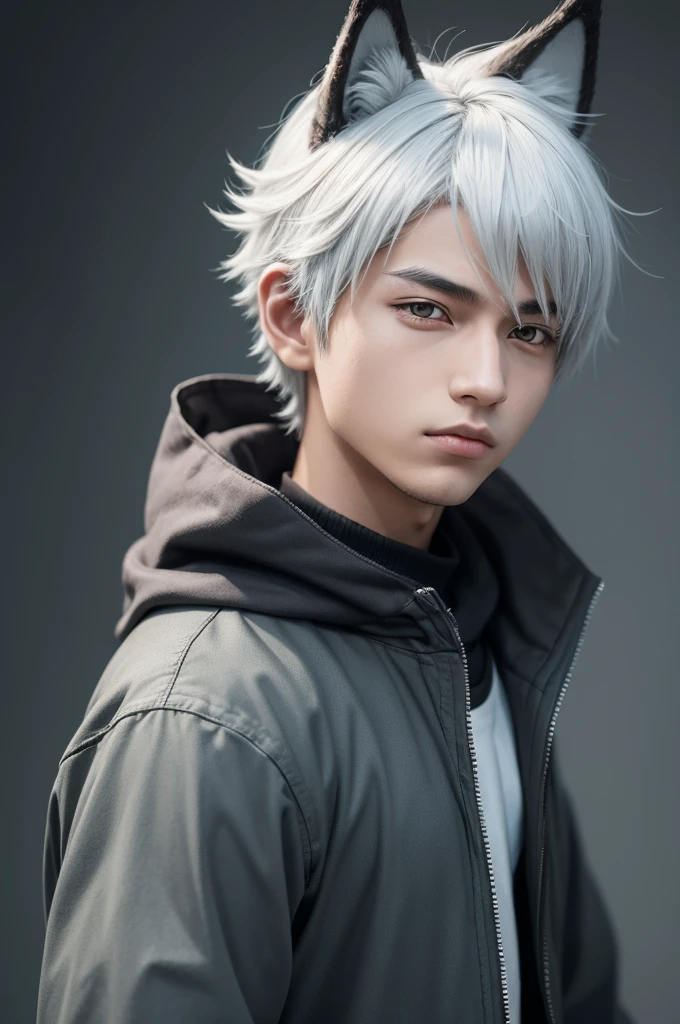 Model of a boy who has the common Kakashi mask, wolf ears and wolf tail
