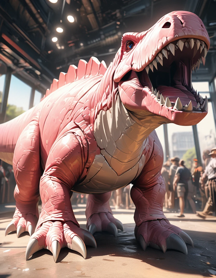 Full body portrait,Low Angle View,Pink Tyrannosaurus Rex,Q version,Cute and adorable,Cartoon,Oil painting effect,Snapshot aesthetic style , Extreme detail,Rich details,OC Renderer,8K,Super Fine,Hyperrealism,masterpiece,Rich in details