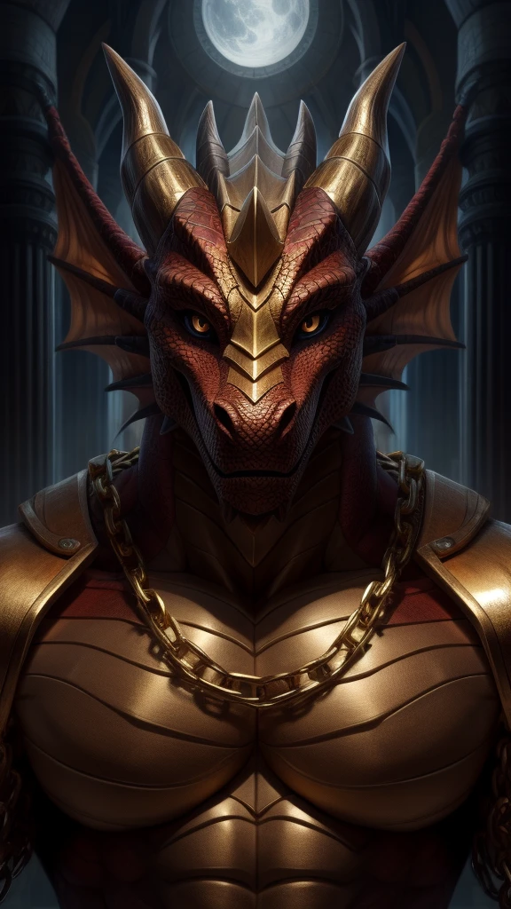 Dragon Looking at the viewer And a gold chain 