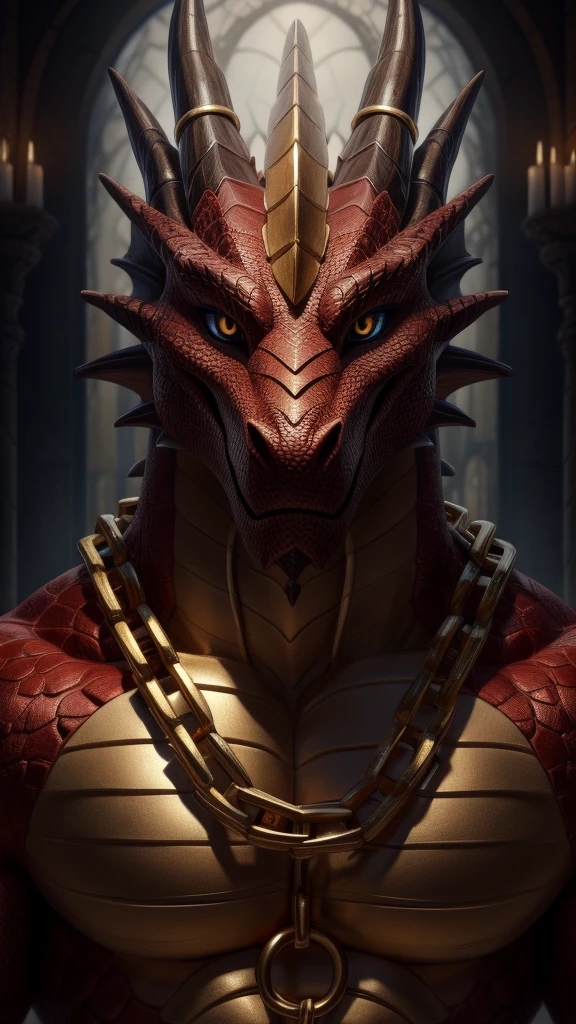 Dragon Looking at the viewer And a gold chain 