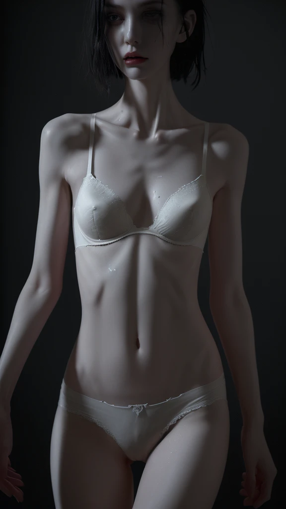 a very thin woman, visible bones, slender figure, pale white skin, sweaty wet body, wearing panties and bra, full body tattoo, having a mental breakdown, (best quality,4k,8k,highres,masterpiece:1.2),ultra-detailed,(realistic,photorealistic,photo-realistic:1.37),extremely detailed eyes and face,longeyelashes,dramatic lighting,cinematic,dark moody colors,emotional,psychological horror