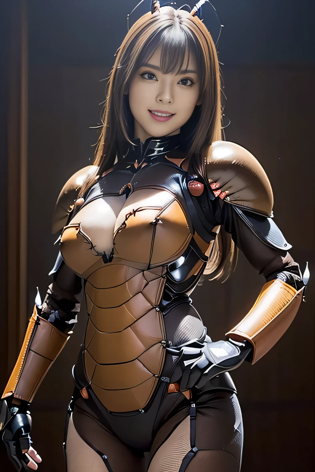 (high resolution,masterpiece,best quality,extremely detailed CG, anime, official art:1.4), realistic, photo, amazing fine details, all intricate, gloss and shiny,awesome many layers, 8k wall paper, 3d, sketch, kawaii, illustration,( solo:1.4), perfect female proportion,villainess, (fusion of dark brown cockroach and lady:1.4), (brown cockroach form lady:1.2), (brown cockroach lady:1.2), (fusion:1.2), (solo:1.4), (evil smile:1.2), muscular, abs, (cockroach brown exoskeleton bio insect suit:1.4), (cockroach brown exoskeleton bio insect armor:1.2), (brown transparency cockroach wing:1.4), (brown cockroach antennae:1.3),