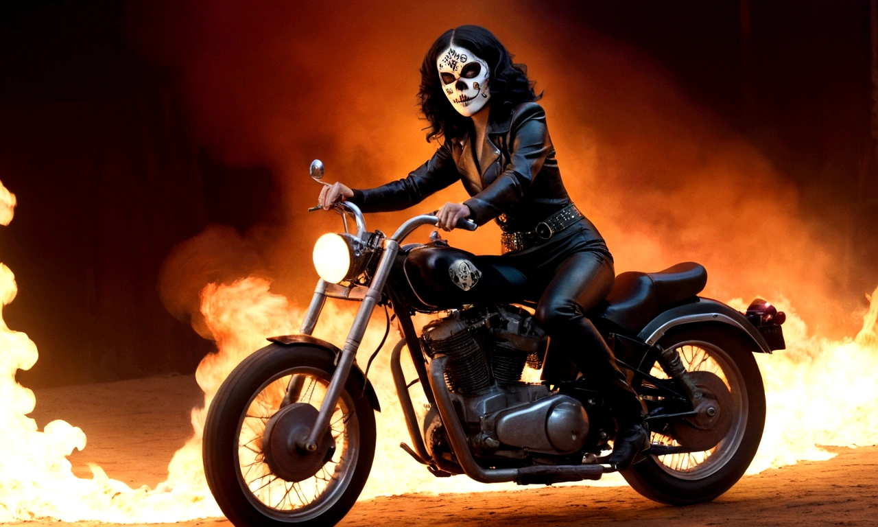 Long view shot photo of a woman with a vintage 70s aesthetic, glowing skull face as her mask, black wavy hair, black leather outfit with intricate detail, at a circus stage, warm tones, faded colors, cinematic, nostalgic feel, candid pose, riding a black motorbike with intricate detail trough a ring of fire, motion blur effect, action shot, Fine art photography style