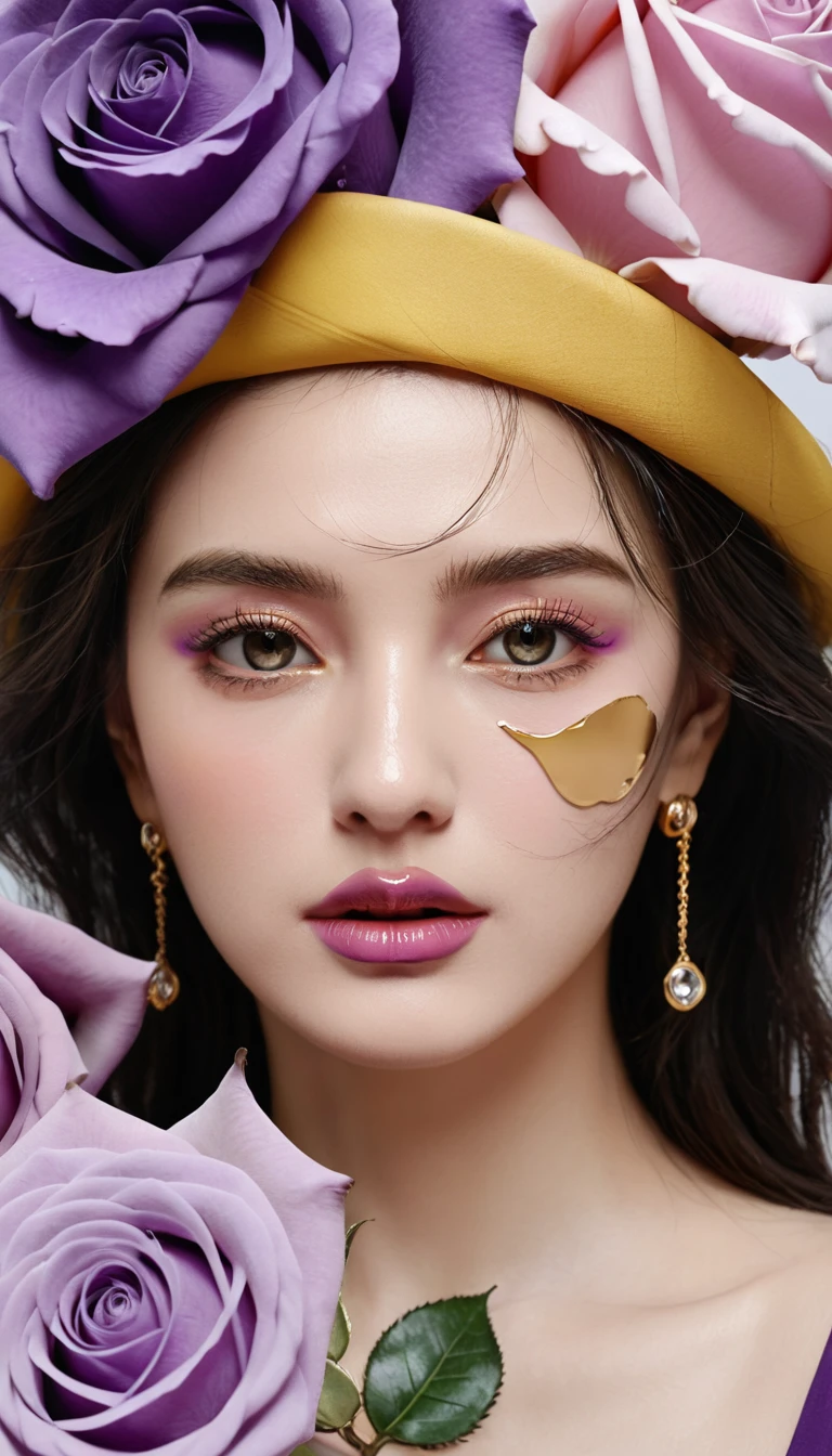 print to mix color. perfect simetria. purple rose in the middle positioned next to the face of a beautiful lady scene adlt 18 with intense eyes who crying a tear and golden lips.. Blush, reflection, trod. illustration, cinematic lighting. view from the ceiling. abstract picasso. no 3d. no teen. no so realistic. no watercolor