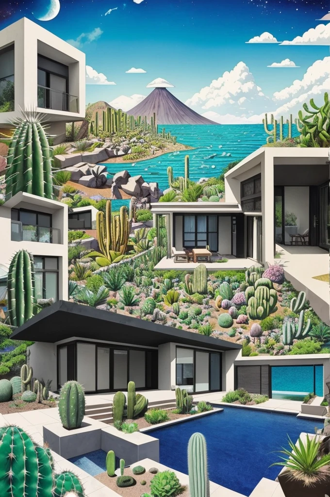 An illustration, collage style, David Hockney visual style, (((Luis Barragán's architectural style houses in middle of a lake))), big boulders, little cascade, mountains, volcanos, volcanic landscape, pool, stairs, beautiful gardens, abundant vegetation, cacti, agave, big clouds, sunset. Magazine cover, serif tipography, editorial design, masterpiece, An illustration in collage style, con rocas gigantes, Brutalist construction sections, escaleras, cactus, agave, textura de concreto, Multiple geometric shapes, hatch and cross hatching, planeta Saturno. ((masterpiece, best quality)),illustration,ultra detailed 8k. (((An illustration of a build designed by Luis Barragán))), with a desertic vegetation garden, (big rocks), ((cacti)), lake, volcano in horizon, smooth clouds, (((illustration collage format))), ((Escher's art style)), (((multiple sections))), (violet, blue, olive green, grey, black and white), hard shadows, (((geometric sculptures))), concrete sculptures, high contrast, dramatic, cinematographic, ((milky way galaxy)), intricate, intricate details, sharp focus,landscape