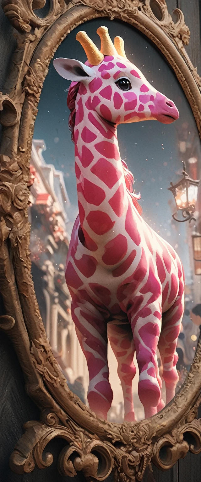 Full body portrait,Low Angle View,Pink Giraffe,Q version,Cute and adorable,Cartoon,Oil painting effect,Snapshot aesthetic style , Extreme detail,Rich details,OC Renderer,8K,Super Fine,Hyperrealism,masterpiece,Rich in details