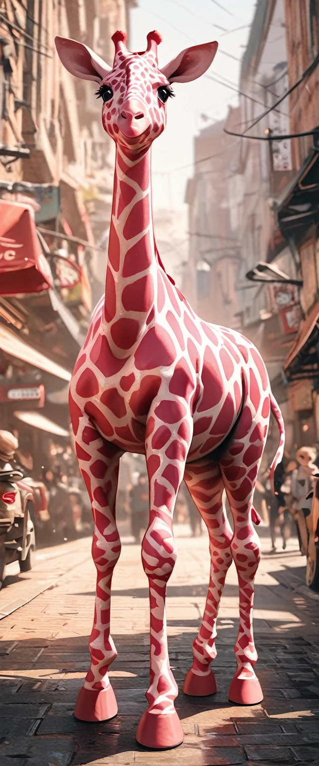 Full body portrait,Low Angle View,Pink Giraffe,Q version,Cute and adorable,Cartoon,Oil painting effect,Snapshot aesthetic style , Extreme detail,Rich details,OC Renderer,8K,Super Fine,Hyperrealism,masterpiece,Rich in details