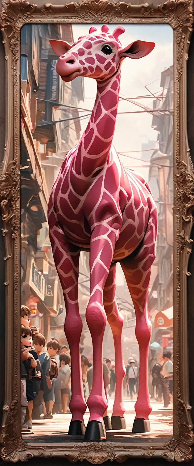 Full body portrait,Low Angle View,Pink Giraffe,Q version,Cute and adorable,Cartoon,Oil painting effect,Snapshot aesthetic style , Extreme detail,Rich details,OC Renderer,8K,Super Fine,Hyperrealism,masterpiece,Rich in details