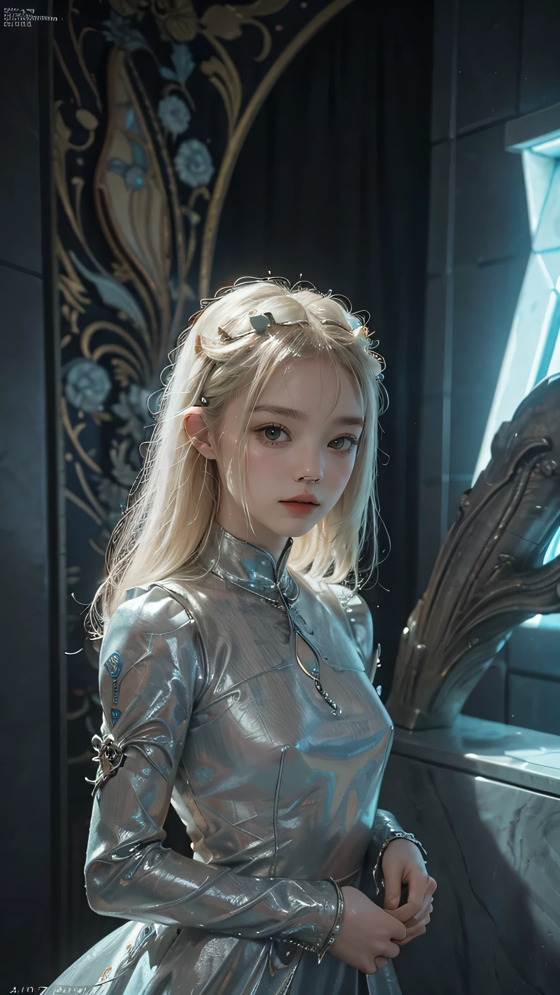 there is a woman standing in a room with a lot of alien statues, elle fanning as an android, 2 0 2 1 cinematic 4 k framegrab, james jean and fenghua zhong, eiko ishioka, promotional still, porcelain, björk, machina --ar 16:9