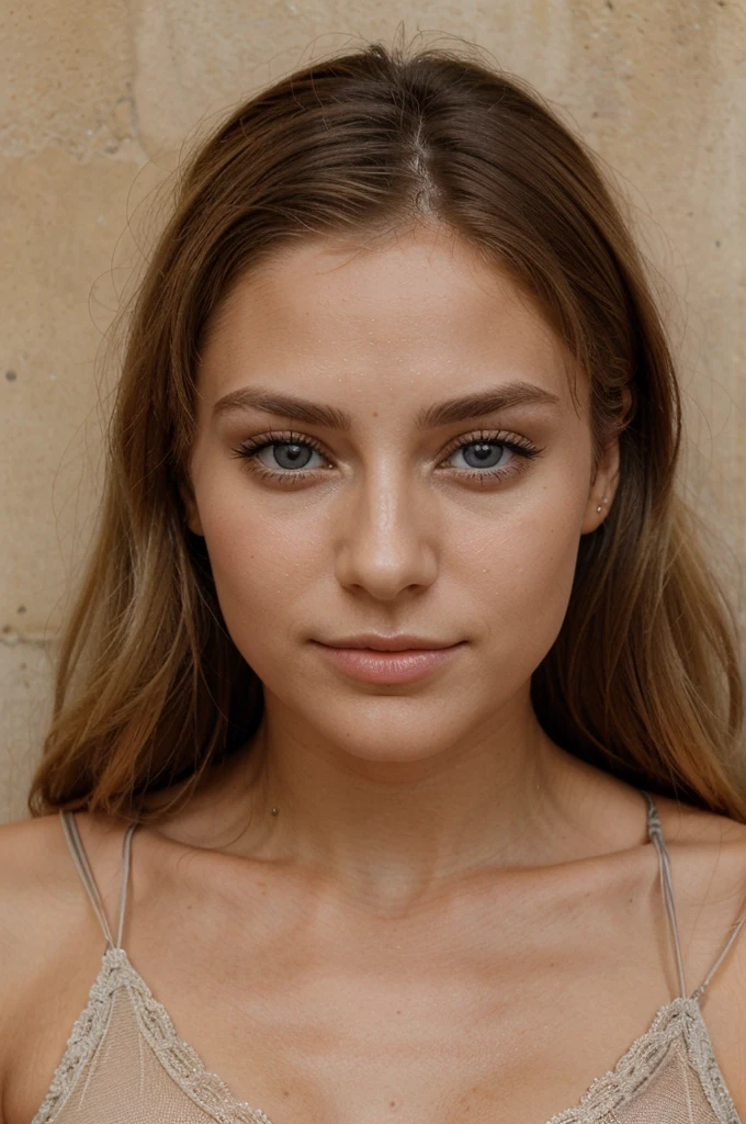 femme de 24 ans, visage de face, beau regard et beau bronzage, fausse blonde, air coquin