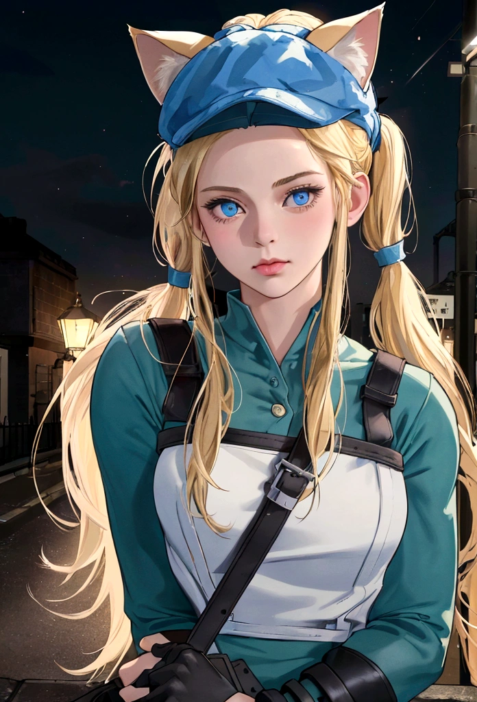 (best quality,4k,highres,masterpiece:1.2),ultra-detailed,realistic:1.37,blonde girl with long pigtails,blue eyes, wearing a cat ear hat. Inspired by the character Cammy White, night background, street lamps lighting up the scene
