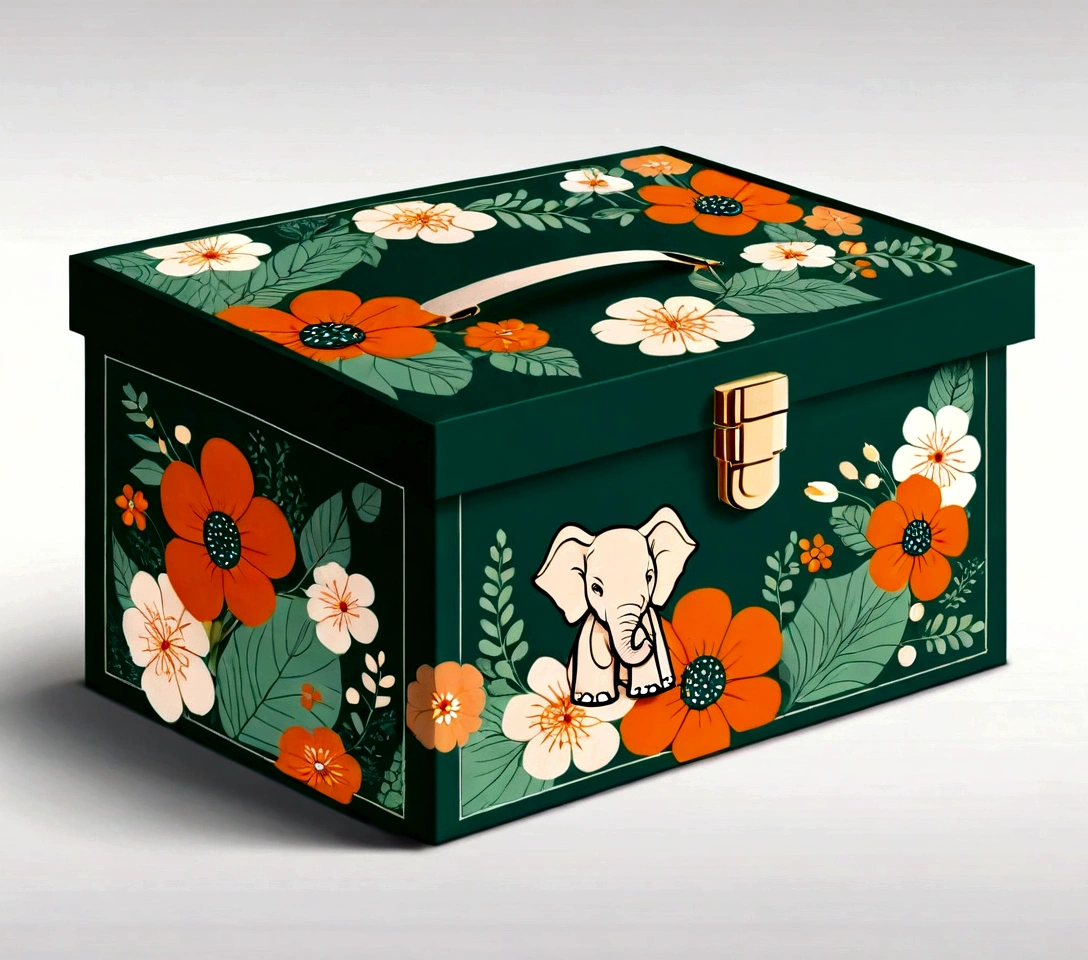 a beautifully designed gift box with handle, in the style of british plaid, Flowers,geometric lines, minimalist, modern, high-end, cute, color blocking, floral patterns, a cute elephant logo, orange and light green colors, illustration, cartoon, in the style of geometric, beautiful detailed, in the style of flat color vector design