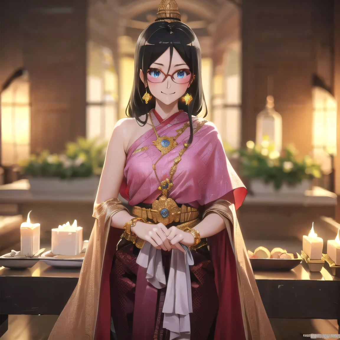 คุณภาพดีatสุด, Masterpiece, high res, alone, {Thanaka_Asuka_euphonium sound:1.15} black_hair, long_hair, glasses, light blue_eyes, Blush, red frame_glasses, Seraph, beyond the edge_glasses, semi borderless_glasses, hair_between_eyes, 1 girl, look_at_viewer, smile, ((Thai princess:1.3)),(Gorgeous thai costumes with รายละเอียดatซับซ้อน,ชุดatงดงาม,เครื่องประดับทองคำatงดงาม, รายละเอียดatซับซ้อน,luxury jewelry accessories,ขอบatงดงาม, รายละเอียดatซับซ้อน,Various gems:1.2),((Thai Buddhist Temple))