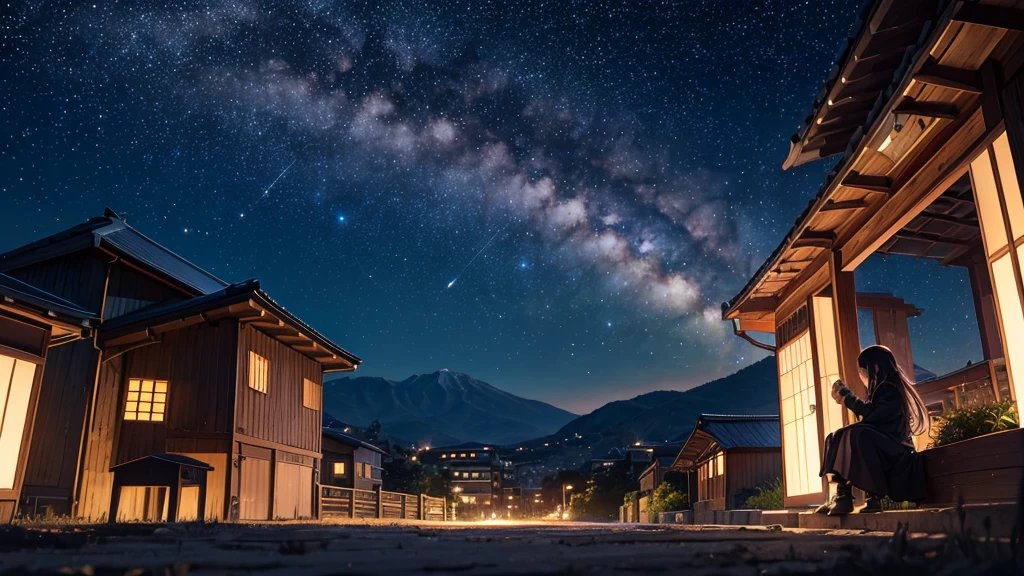 Octane, null, star (null), scenery, starry null, night, One girl, night null, alone, Outdoor, building, cloud, milky way, Sitting, wood, Long Hair, city, silhouette, cityscape  、Blonde、Japan、Ghibli、countryside、There is little electricity、dark、starnull