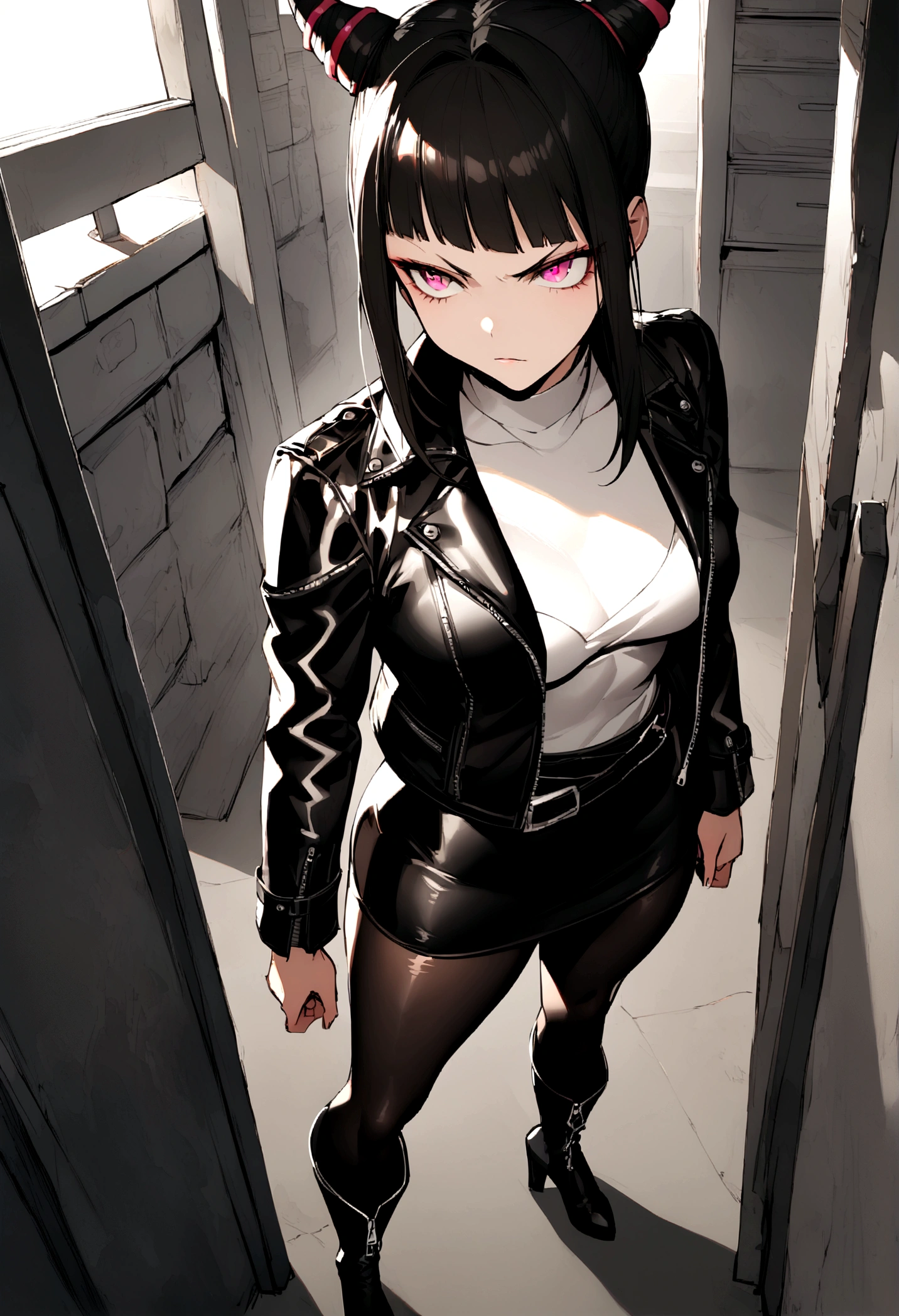 juri han,beautiful young warrior , with a very detailed and beautiful face, beautifuleyes, beautifuleyes, gorgeous face, beautiful young woman wearing long black leggings with black details, short mini skirt, usando leather jacket preta, Standing in an office, wearing black boots, horn hair, with black fringe, , evil grin ,white sweater with strap around, serious look,usando leather jacket preto, leather jacket,staring overhead