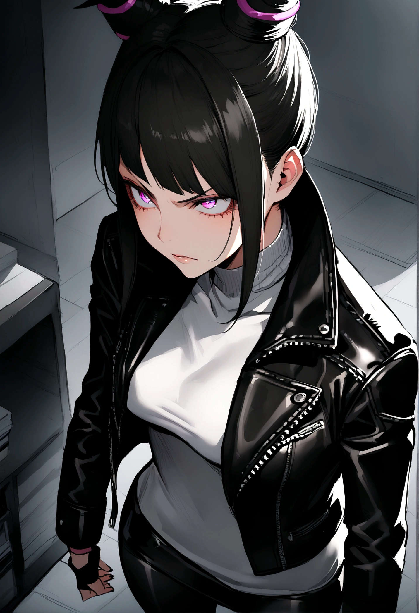 juri han,beautiful young warrior , with a very detailed and beautiful face, beautifuleyes, beautifuleyes, gorgeous face, beautiful young woman wearing long black leggings with black details, short mini skirt, usando leather jacket preta, Standing in an office, wearing black boots, horn hair, with black fringe, , evil grin ,white sweater with strap around, serious look,usando leather jacket preto, leather jacket,staring overhead
