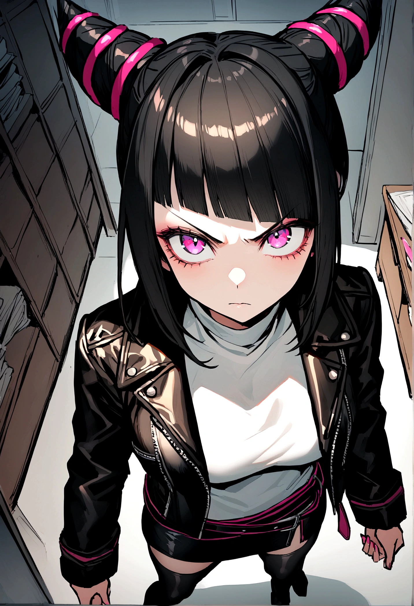 juri han,beautiful young warrior , with a very detailed and beautiful face, beautifuleyes, beautifuleyes, gorgeous face, beautiful young woman wearing long black leggings with black details, short mini skirt, usando leather jacket preta, Standing in an office, wearing black boots, horn hair, with black fringe, , evil grin ,white sweater with strap around, serious look,usando leather jacket preto, leather jacket,staring overhead