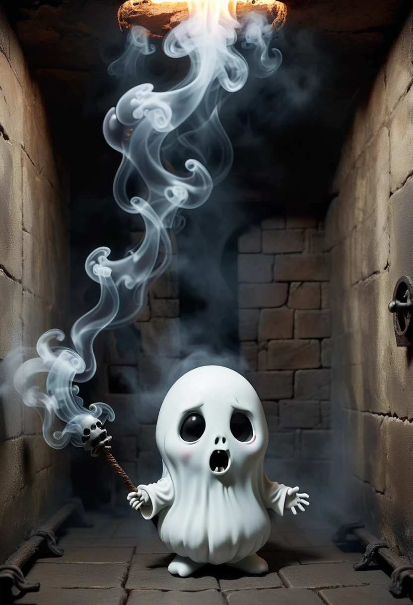 little cute ghost made of smoke floats fearfully in a medieval torture chamber
