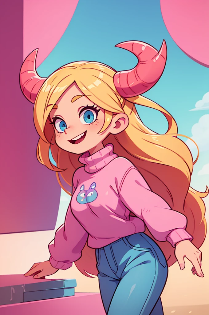 cartoon woman cute twitch emote, long blonde hair, pink highlights, blue eyes, pink oversized sweater over the shoulders, red horns with a mischievous smile