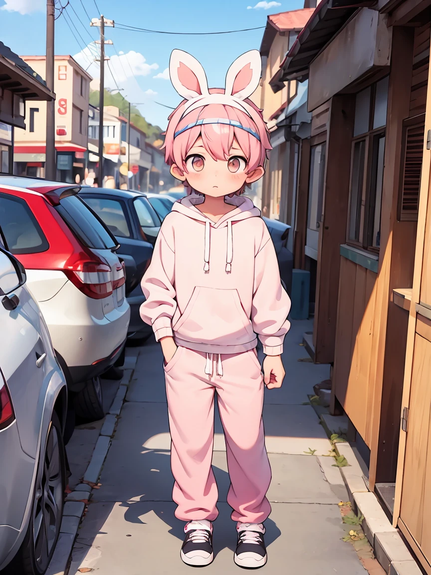 Full boy picture, whole body, cute young boy shota, tight gray sweat pants, wide sweater , rabit ears headband, pink hairs, shy look , BREAK,  crowded street