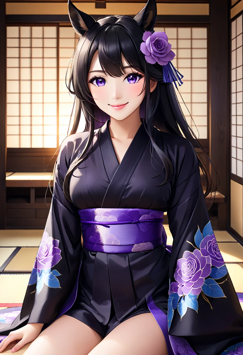 ​masterpiece, Best Quality，top-quality，{{{RiceShower/Umamusume}}}，{{very long hair of black color,}}，{{{Purple hat}}}，{{Blue roses}}，{{{horse ear}}}，Purple eyes，Look at viewers，red blush，smil，a closed mouth，lipsticks，{{{Very small breasts}}}，{{{Kimono with open chest}}}，Black kimono，no-bra，{{{Purple luxury kimono}}}，{{{Pictures of the Dark}}}，{{{lantern}}}，Great backlight，open the legs widely，{{{Hide your hands behind your body}}}，{{{Bold M-shaped legs}}}，{{{laying on back}}}，{{{Tatami Japanese-style room}}}}，Crotch focus