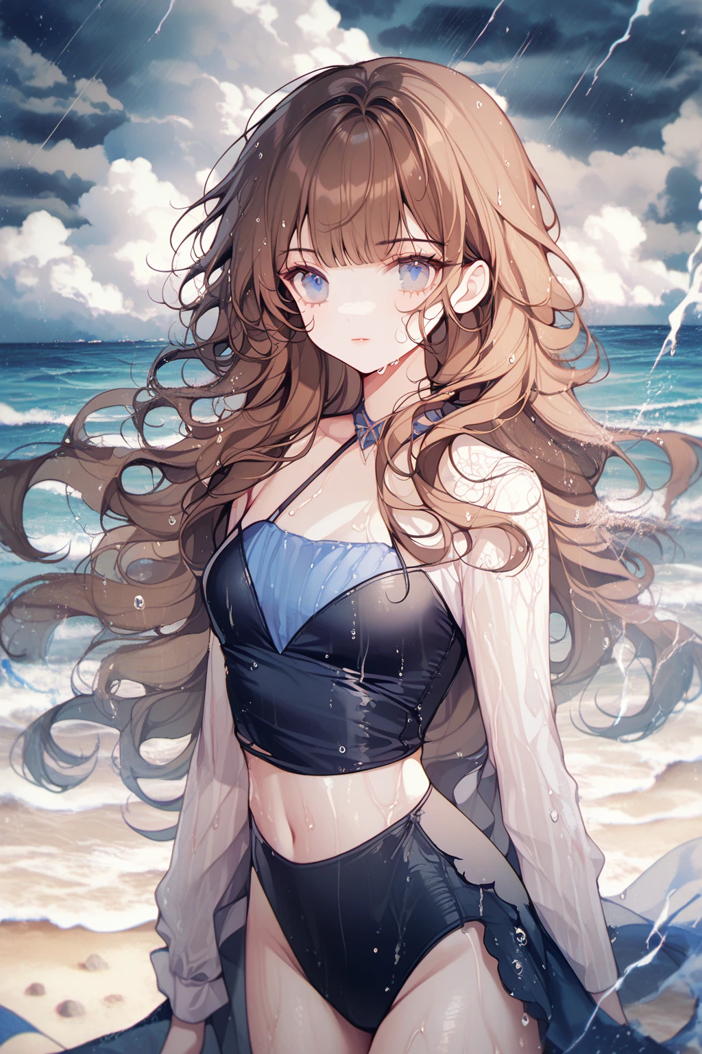 by ttosom, 1 girl, CuteStyle, blue eyes, brown hair, long hair with bangs, flowing hair, dressed in a black swimsuit, neckline, medium chest, large hips, wet body, on the beach, sand, horizon, sea, water droplets, water splashes, tornado, clouds, cloudy, thunderstorm, rain, lightning in the sky, looking at the viewer, serious look, no smile, detailed, beautiful, gentle tones, close, upper body