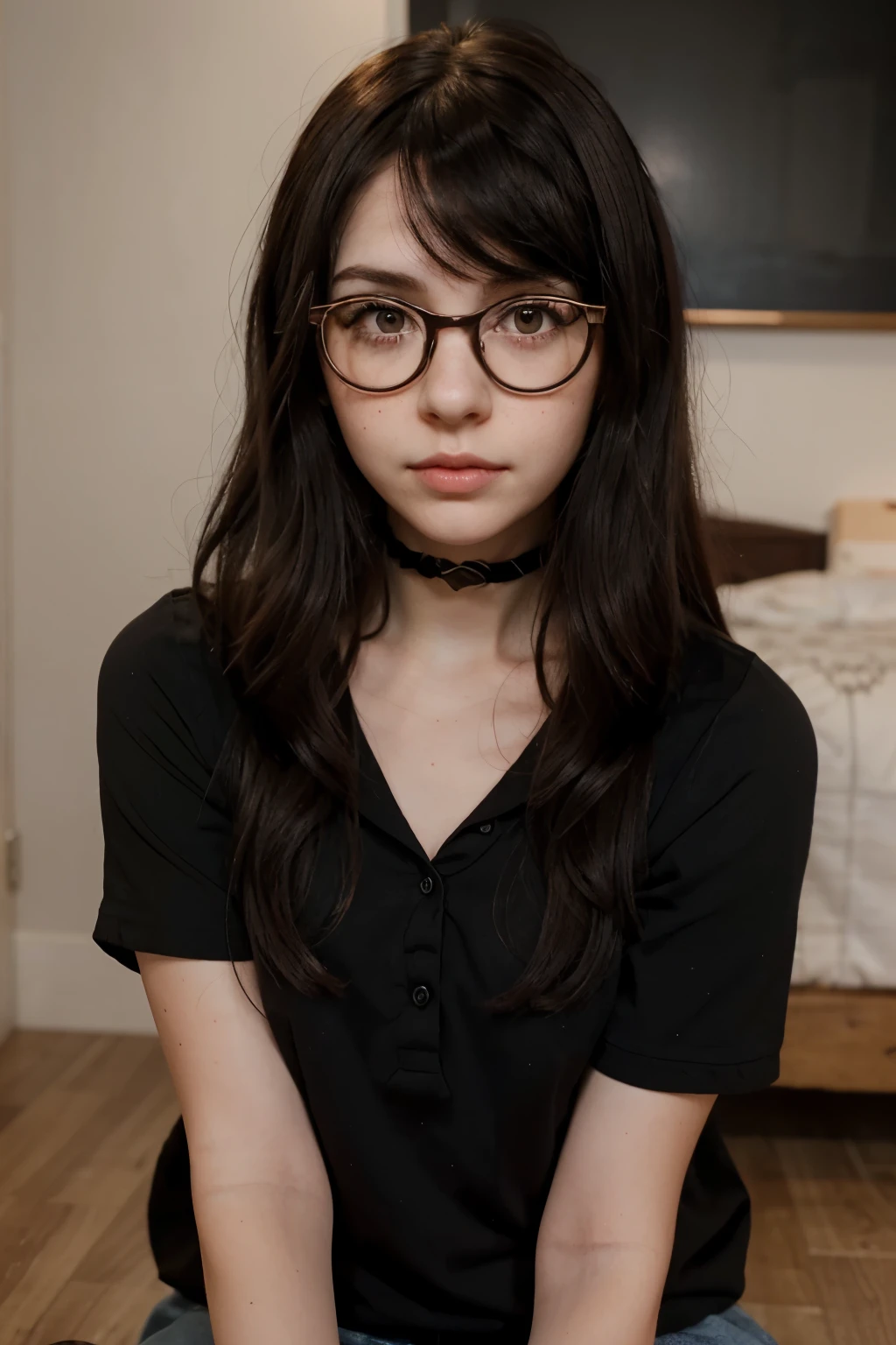 Beautiful  girl, short wavy black hair, rough pale skin, freckles, nerd, nerdy, goth, round glasses, fancy blouse, skirt, blushing, thick eyeliner, best quality, beautiful face, playful