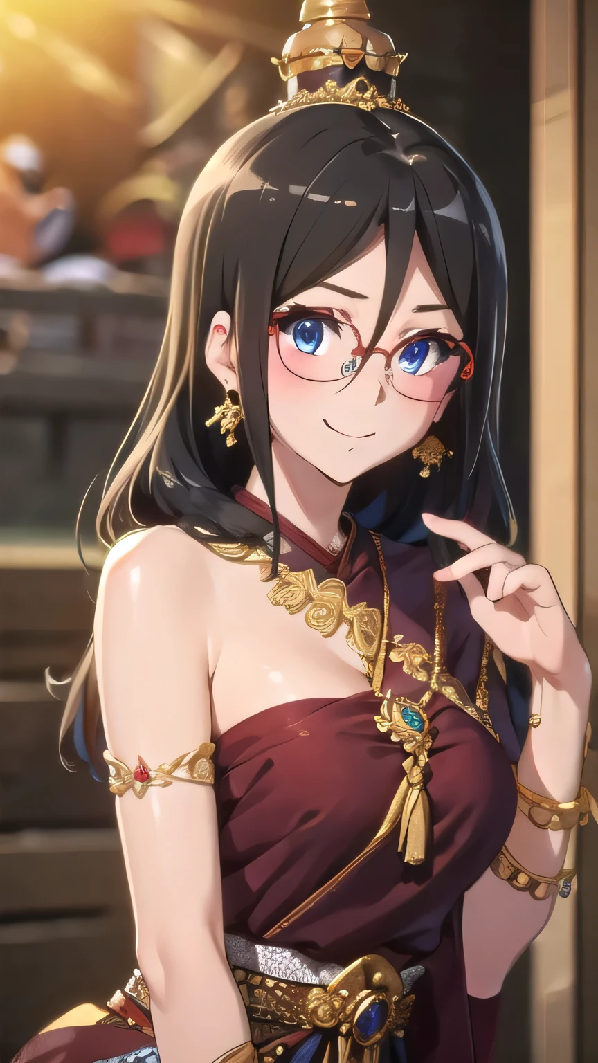 คุณภาพดีatสุด, Masterpiece, high res, alone, {Thanaka_Asuka_euphonium sound:1.15}   black_hair, long_hair, glasses, light blue_eyes, Blush, red frame_glasses, Seraph, beyond the edge_glasses, semi borderless_glasses, hair_between_eyes, 1 girl,  look_at_viewer, smile,  ((Thai princess:1.3)),(Gorgeous thai costumes with รายละเอียดatซับซ้อน,ชุดatงดงาม,เครื่องประดับทองคำatงดงาม, รายละเอียดatซับซ้อน,luxury jewelry accessories,ขอบatงดงาม, รายละเอียดatซับซ้อน,Various gems:1.2),((Thai Buddhist Temple))