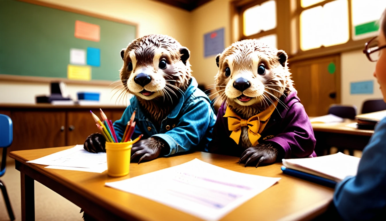(photo film style), anthropomorphic, cute sea otter pup, colorful , school classroom, getting advice from teacher, (((studying))), 2D, colorful, warm atmosphere, shiny, Jean-Baptiste Monge style, Alan Lee style