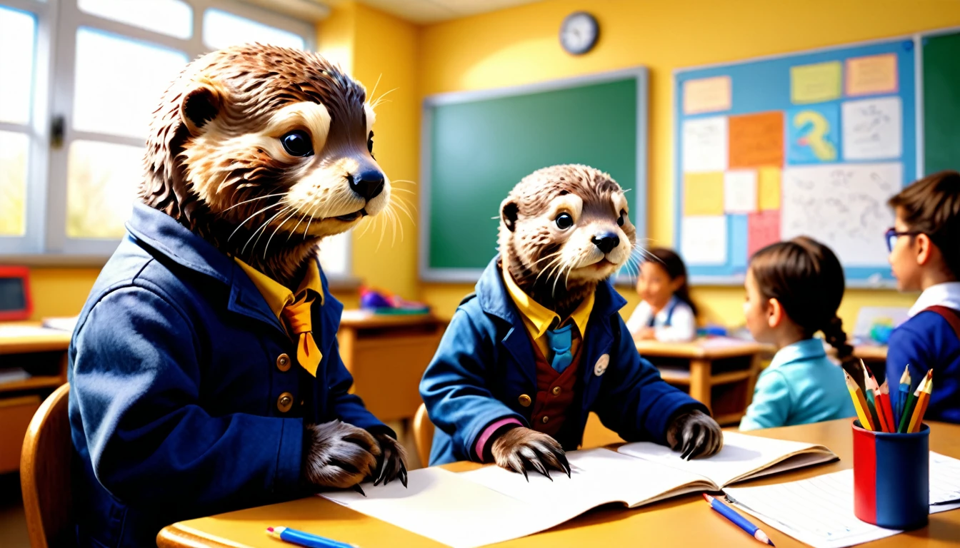 (photo film style), anthropomorphic, cute sea otter pup, colorful , school classroom, getting advice from teacher, (((studying))), 2D, colorful, warm atmosphere, shiny, Jean-Baptiste Monge style, Alan Lee style