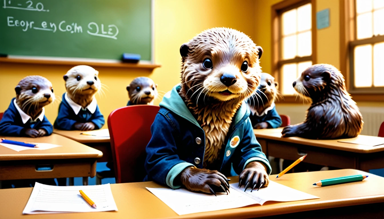 (photo film style), anthropomorphic, cute sea otter pup, colorful , school classroom, getting advice from teacher, (((studying))), 2D, colorful, warm atmosphere, shiny, Jean-Baptiste Monge style, Alan Lee style
