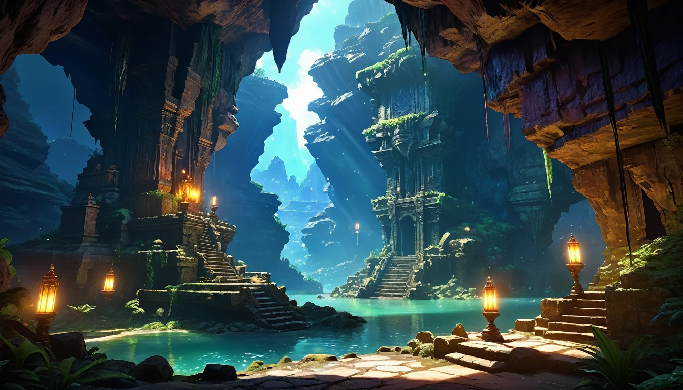 (by Greg Rutkowski: 1.2, anime, fantasy), (extremely detailed CG unity 8k wallpaper, masterpiece, best quality, ultra-detailed, HDR:1.2), (goblin cave, cave ruins, cave interior, from final fantasy x), dark colors, majestic, gloomy atmosphere, extremely detailed, intricate, delicate, serene fantasy, cinematic lighting, 8k, high quality