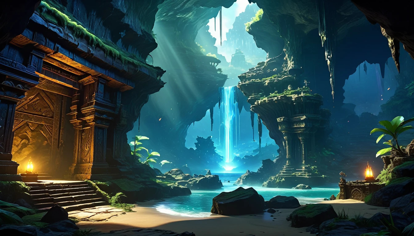 (by Greg Rutkowski: 1.2, anime, fantasy), (extremely detailed CG unity 8k wallpaper, masterpiece, best quality, ultra-detailed, HDR:1.2), (goblin cave, cave ruins, cave interior, from final fantasy x), dark colors, majestic, gloomy atmosphere, extremely detailed, intricate, delicate, serene fantasy, cinematic lighting, 8k, high quality