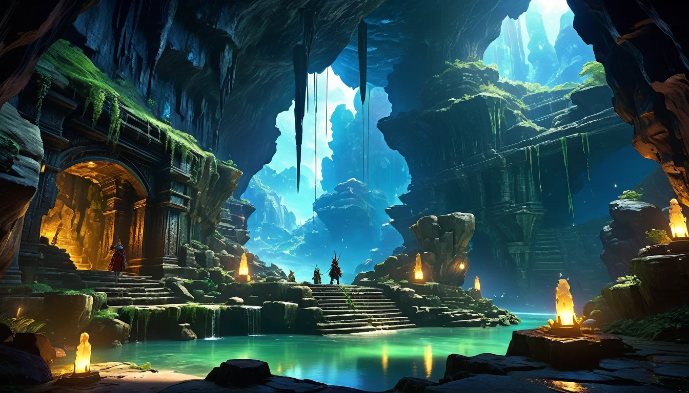 (by Greg Rutkowski: 1.2, anime, fantasy), (extremely detailed CG unity 8k wallpaper, masterpiece, best quality, ultra-detailed, HDR:1.2), (goblin cave, cave ruins, cave interior, from final fantasy x), dark colors, majestic, gloomy atmosphere, extremely detailed, intricate, delicate, serene fantasy, cinematic lighting, 8k, high quality