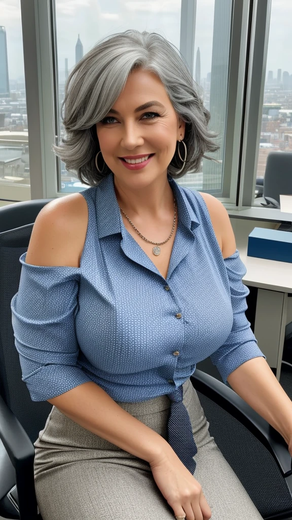 1 mature woman in, age70, Solo, medium casual grey hair, bob hairstyles, (wearing elegant patterned blue tie tube collared shirt), Colossal breasts, deep cleavage curvaceous forms, curvy body, Looking at Viewer, grayhair, Bare shoulders, Brown eyes, jewely, Full body, a necklace, off shoulders, 4k, 8K, Realistic, shoot this image in high resolution with a 35mm lens to get a good perspective. A sexy, full body, She sitting on office, she sat in the office chair , body full of soap suds, smile Extraordinary Pleasure, big windows city views background