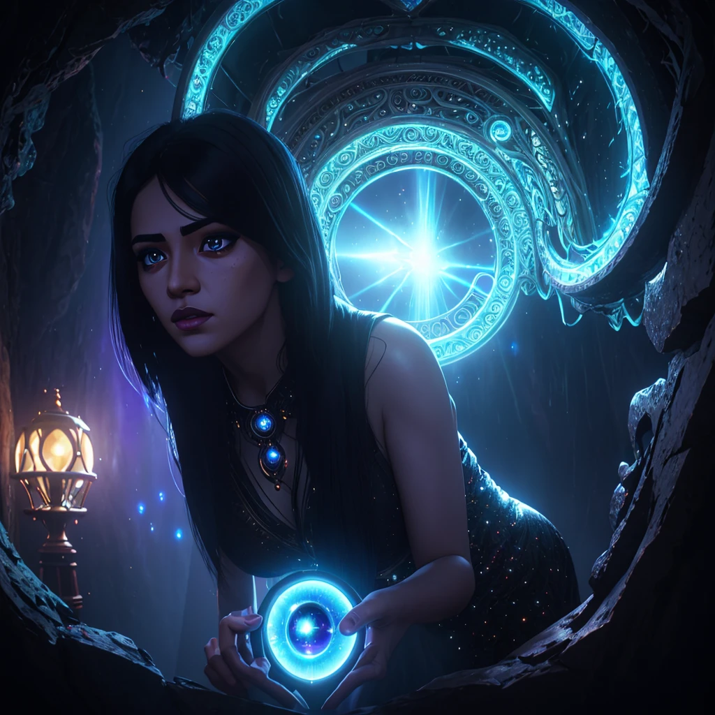 1girl, beautiful detailed eyes, beautiful detailed lips, extremely detailed face, long eyelashes, black hair with bangs, looking at an interdimensional portal, fantasy portal, mystical portal, dark fantasy, surreal, cinematic lighting, vibrant colors, volumetric lighting, dramatic shadows, ethereal atmosphere, photorealistic, 8k, best quality, intricate details, digital art