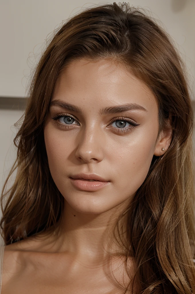 femme de 23 ans mannequin, visage de face, beau regard et beau bronzage, fausse blonde,