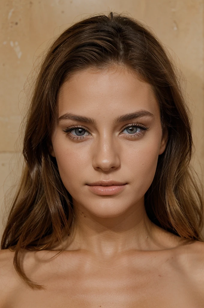 femme de 23 ans mannequin, visage de face, beau regard et beau bronzage, fausse blonde, 