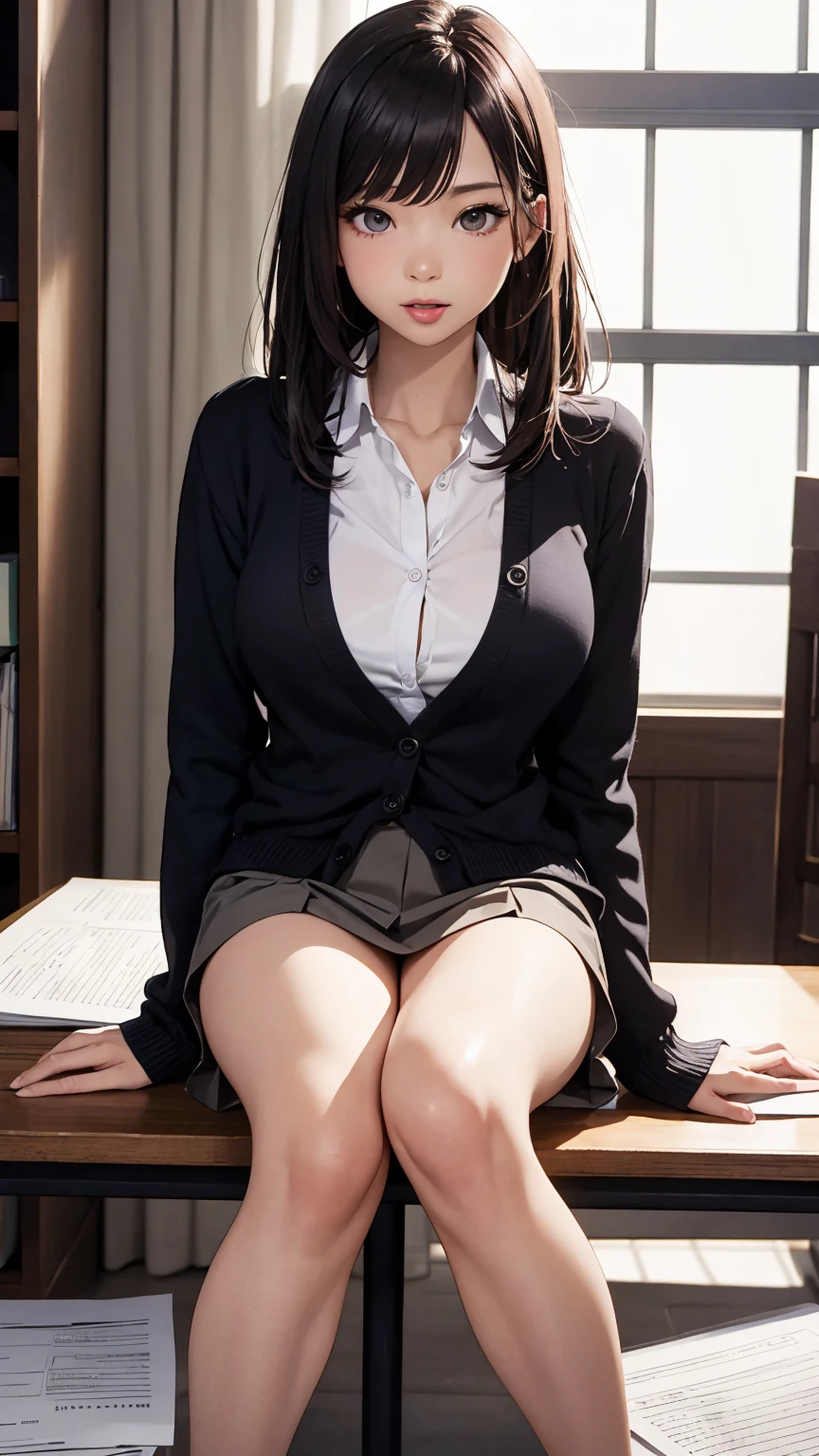 8K quality、High resolution、Sexy suit woman、Realistic skin texture、High resolutionの肌、、Princess Hair、thin、Small breasts、Open the mouth to reveal a realistic tongue、Thin legs、、Full Body Shot、Moist lips、Sitting at a desk looking at documents、Wear a cardigan over an unbuttoned shirt