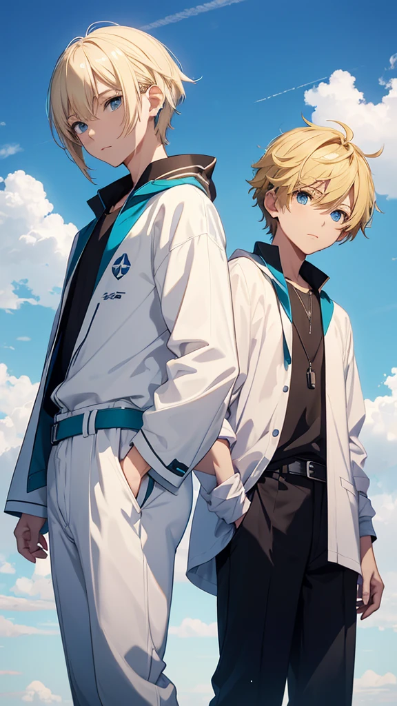 Young Ren and young Minato、Scene of standing on white clouds in a blue sky。Behind them is blue々The clear sky background spreads out.。Len has short black hair and green eyes.、Wearing casual adventure clothing。Minato has short blonde hair and blue eyes.、Wearing a white robe。