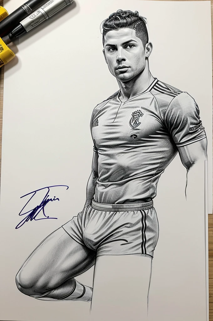 Create a Sketch of Ronaldo and give Signature of Name AMAN in corner