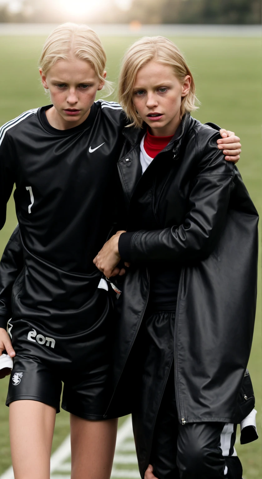 an injured soccer player needs support, a blond woman supports an injured soccer player in walking, he is really collapsing with pain, he is really fainting, she is holding him up, he is hanging on her shoulder, they are standing very close together, his hand is lying on her shoulder, arm-in-arm, she has her hand around his waist, she is wearing shiny leather pants, she is grabbing his waist, a man in a white tanktop, a shorthaired blond man, a girl in shiny leather pants, a shorthaired blond man in a white tanktop, a brownhaired woman with a very desperate facial expression, a brownhaired woman in a high shine blue and red nylon-coat, there is a young couple standing arm-in-arm, there is a brownhaired attractive woman wearing a high-shine nylon-coat, a wetlook nylon-coat, a brownhaired woman is crying with sorrow, a brownhaired woman is holding an injured shorthaired boy, there is a boy in jeans and tanktop hugging a brownhaired woman that is wearing a very shiny padded laquered coat, a shorthaired blond boy has a painful face and cannot walk, there is a brownhaired girl giving support to an injured shorthaired boy, a wounded blond and shorthaired boy cannot walk and has to be supported by a girl, he grabs her shoulder, he has his arm around her shoulder, his hand is on her shouder, a sad looking girl ia carrying a wounded boy, masterpiece, jeans, boy in a white cotton tanktop, super detailed background, detailed face, brown eyes, crying out, tears, desperation, pain, agony, accident pose, dramatic suffering pose, hands detailed hands