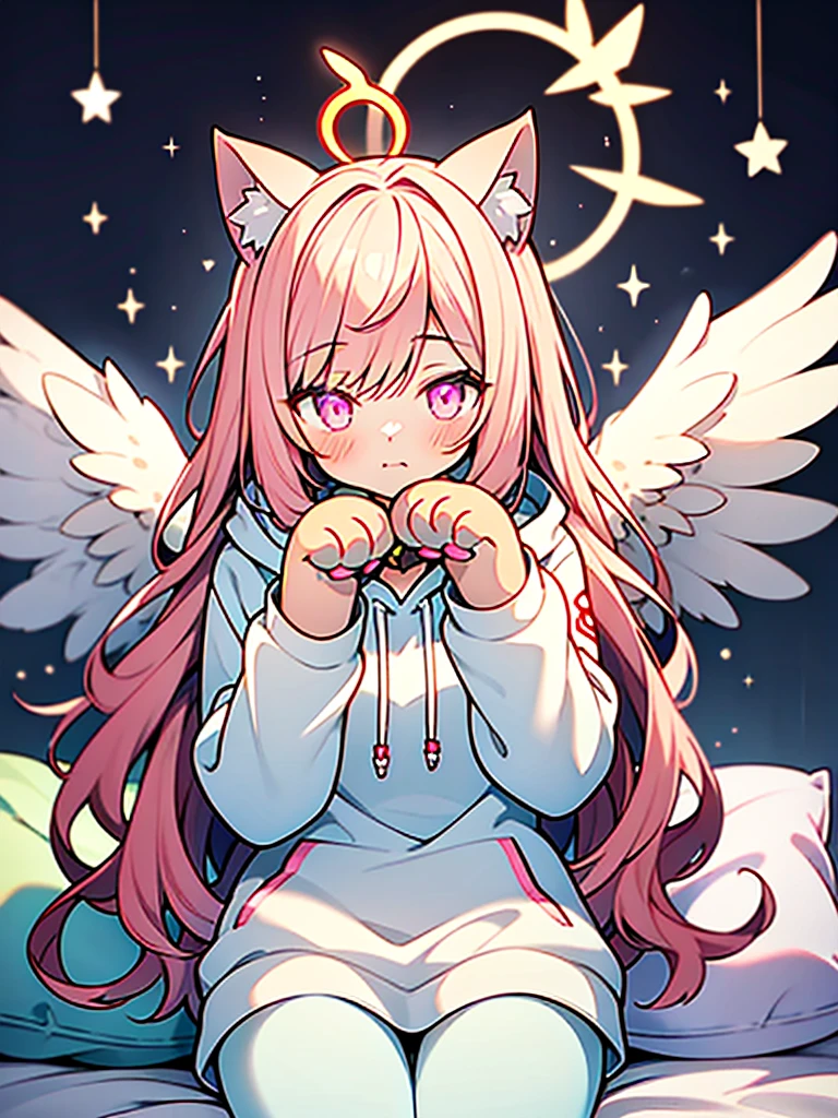 anime style,Angel shota,(((glowing Paw-shaped halo))),cat ears,pink long hair,white hoodie,angel wings,good night!,down on pillow,Faint lighting, hazy outlines,love you,