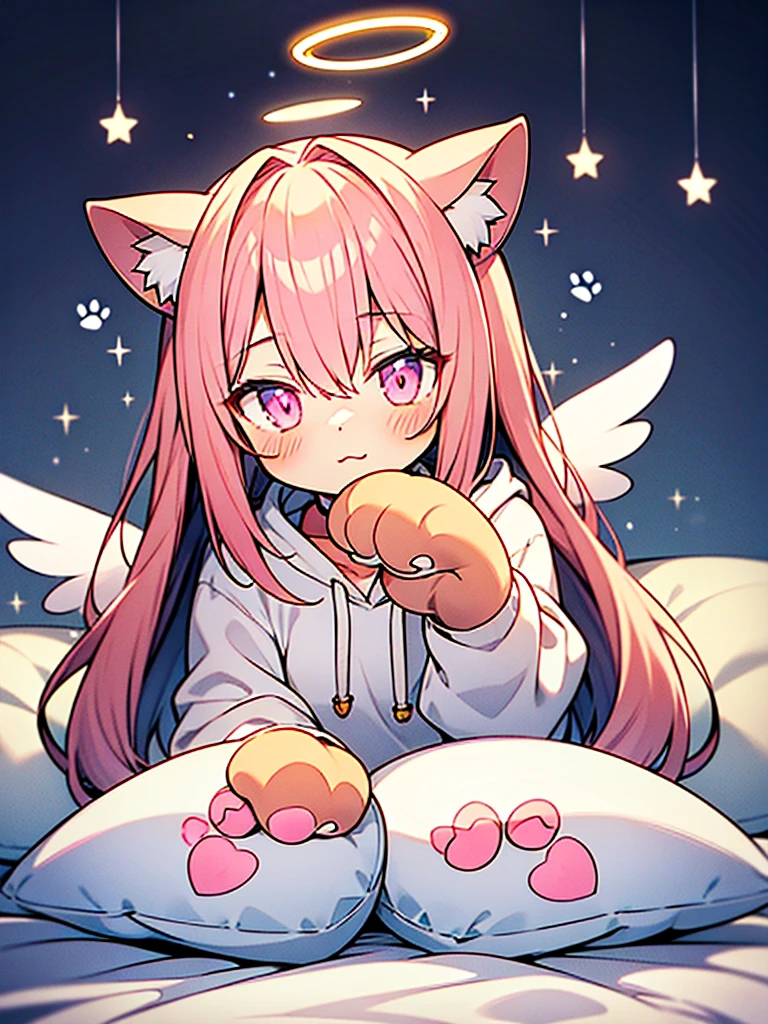anime style,Angel shota,(((glowing Paw-shaped halo))),cat ears,pink long hair,white hoodie,angel wings,good night!,down on pillow,Faint lighting, hazy outlines,love you,