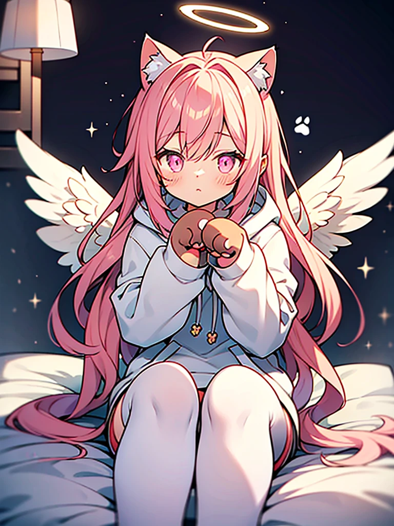 anime style,Angel shota,(((glowing Paw-shaped halo))),cat ears,pink long hair,white hoodie,angel wings,good night!,down on pillow,Faint lighting, hazy outlines,love you,