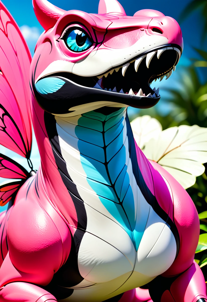 a picture of a large ((black and white butterfly: 1.2))  (sitting on the top of the nose: 1.5) of a (bright pink T-rex: 1.2) dinosaur, the butterfly wings are spread wide to display, a really close up shot, (masterpiece: 1.4) intense details, highly detailed, photorealistic, best quality, highres,16k, [ultra detailed], masterpiece, best quality, (extremely detailed), close up facial shot, picture, shot taken from really close distance