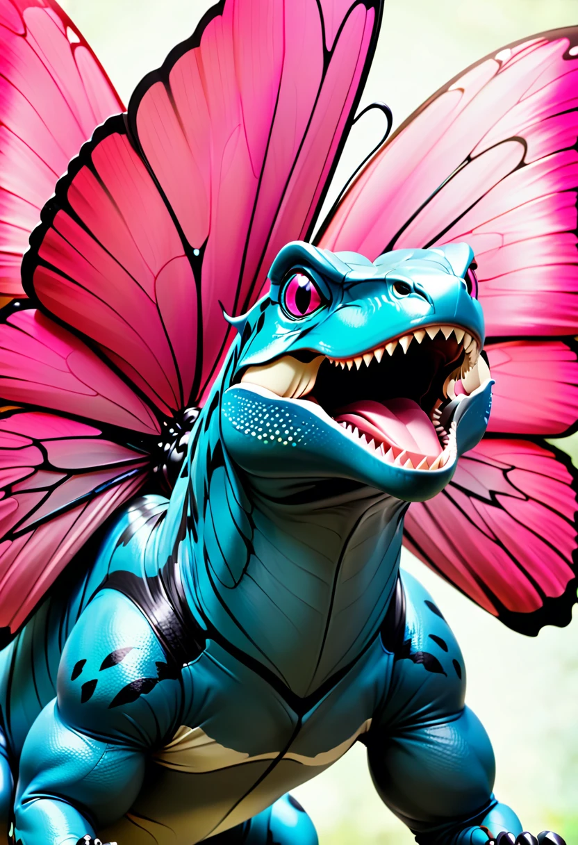 a picture of a large ((black and white butterfly: 1.2))  (sitting on the top of the nose: 1.5) of a (bright pink T-rex: 1.2) dinosaur, the butterfly wings are spread wide to display, a really close up shot, (masterpiece: 1.4) intense details, highly detailed, photorealistic, best quality, highres,16k, [ultra detailed], masterpiece, best quality, (extremely detailed), close up facial shot, picture, shot taken from really close distance